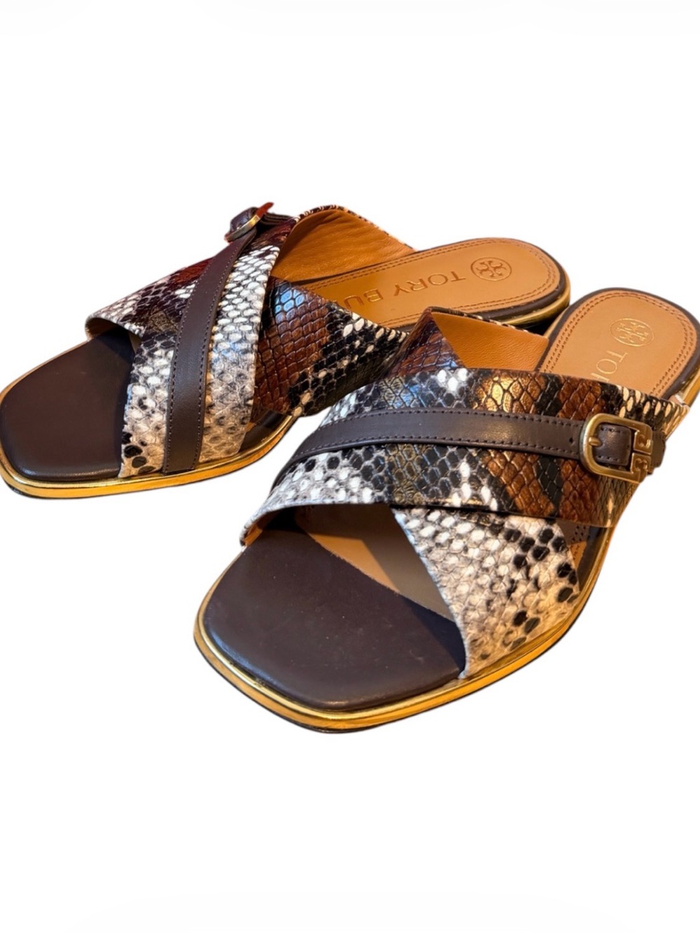 Tory Burch Brown and Black Snake-Print Slide Sandals - Picture 1 of 4